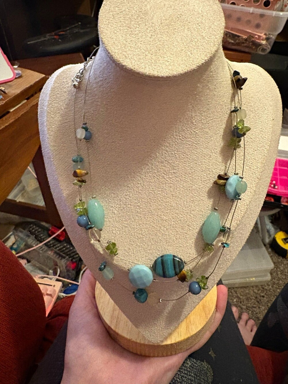 Lia Sophia Blue Green Glass/Gemstone Beaded Layered Necklace Silver Tone Adjust